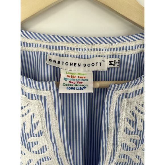 Gretchen Scott Striped Tunic Top Size Medium Blue White Embroidery - Picture 4 of 6